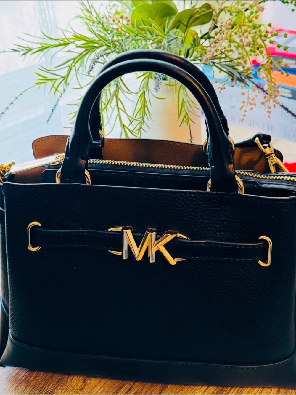 Michael Kors Black Leather Satchel with Gold MK Logo